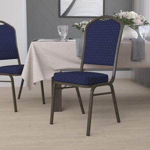 English Elm HERCULES Crown Back Banquet Chair - Elegant Navy Upholstered Seat, Sturdy Gold Frame for Events Navy Blue Dot Patterned Fabric/Gold Vein Frame FD-C01-GOLDVEIN-S0810-GG