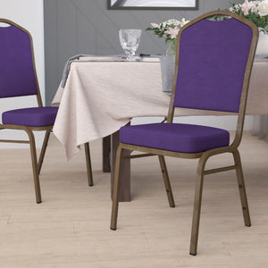 English Elm HERCULES Crown Back Banquet Chair - Elegant Navy Upholstered Seat, Sturdy Gold Frame for Events Purple Fabric/Gold Vein Frame FD-C01-PUR-GV-GG