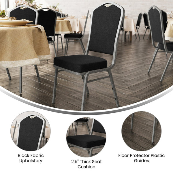 English Elm HERCULES Crown Back Stacking Banquet Chair - Durable, Comfortable Seating for Events & Dining Spaces Black Fabric/Silver Vein Frame FD-C01-SILVERVEIN-BK-BK-GG