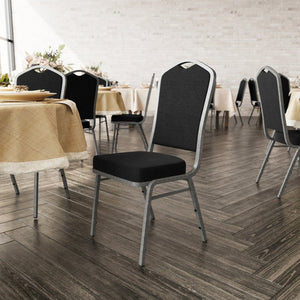 English Elm HERCULES Crown Back Stacking Banquet Chair - Durable, Comfortable Seating for Events & Dining Spaces Black Fabric/Silver Vein Frame FD-C01-SILVERVEIN-BK-BK-GG