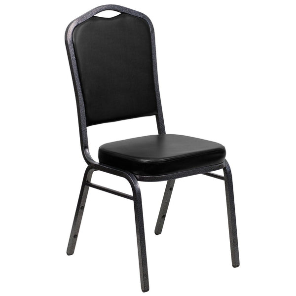English Elm HERCULES Crown Back Banquet Chair - Elegant Navy Upholstered Seat, Sturdy Gold Frame for Events Black Vinyl/Silver Vein Frame FD-C01-SILVERVEIN-BK-VY-GG