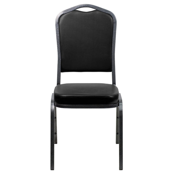 English Elm HERCULES Crown Back Banquet Chair - Elegant Navy Upholstered Seat, Sturdy Gold Frame for Events Black Vinyl/Silver Vein Frame FD-C01-SILVERVEIN-BK-VY-GG