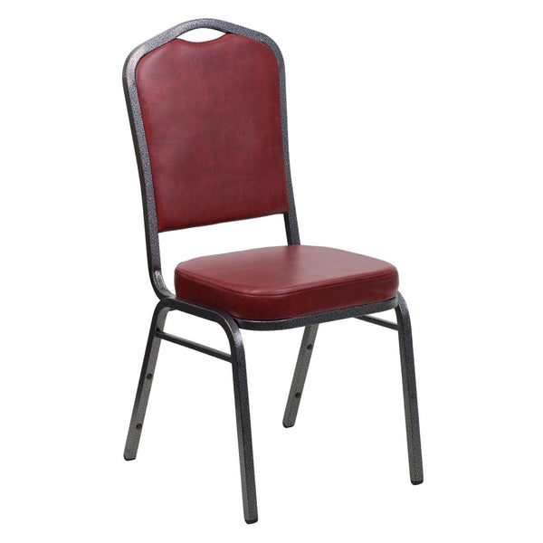 English Elm HERCULES Crown Back Banquet Chair - Elegant Navy Upholstered Seat, Sturdy Gold Frame for Events Burgundy Vinyl/Silver Vein Frame FD-C01-SILVERVEIN-BURG-VY-GG