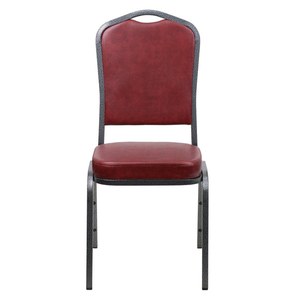 English Elm HERCULES Crown Back Banquet Chair - Elegant Navy Upholstered Seat, Sturdy Gold Frame for Events Burgundy Vinyl/Silver Vein Frame FD-C01-SILVERVEIN-BURG-VY-GG