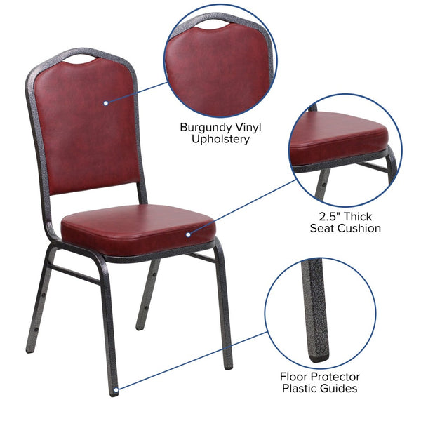 English Elm HERCULES Crown Back Banquet Chair - Elegant Navy Upholstered Seat, Sturdy Gold Frame for Events Burgundy Vinyl/Silver Vein Frame FD-C01-SILVERVEIN-BURG-VY-GG