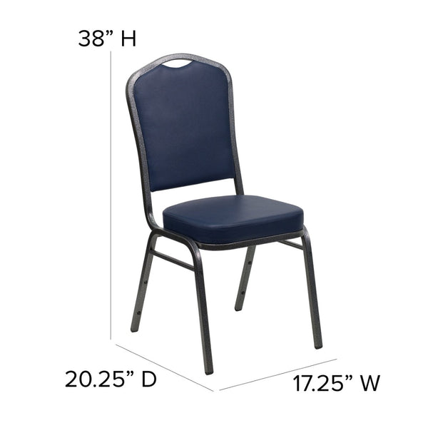 English Elm HERCULES Crown Back Banquet Chair - Elegant Navy Upholstered Seat, Sturdy Gold Frame for Events Navy Vinyl/Silver Vein Frame FD-C01-SILVERVEIN-NY-VY-GG