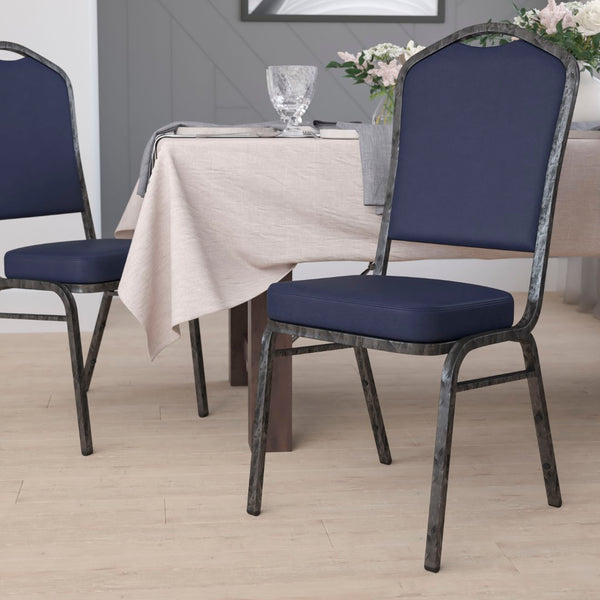 English Elm HERCULES Crown Back Banquet Chair - Elegant Navy Upholstered Seat, Sturdy Gold Frame for Events Navy Vinyl/Silver Vein Frame FD-C01-SILVERVEIN-NY-VY-GG
