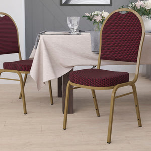 English Elm HERCULES Elegant Dome Back Stacking Banquet Chair for Events - Durable & Comfortable Seating Solution Burgundy Patterned Fabric/Gold Frame FD-C03-ALLGOLD-EFE1679-GG