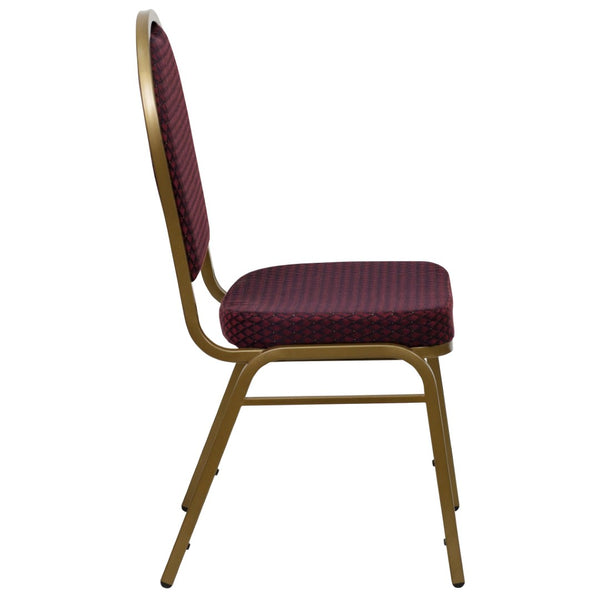 English Elm HERCULES Elegant Dome Back Stacking Banquet Chair for Events - Durable & Comfortable Seating Solution Burgundy Patterned Fabric/Gold Frame FD-C03-ALLGOLD-EFE1679-GG