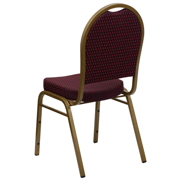 English Elm HERCULES Elegant Dome Back Stacking Banquet Chair for Events - Durable & Comfortable Seating Solution Burgundy Patterned Fabric/Gold Frame FD-C03-ALLGOLD-EFE1679-GG
