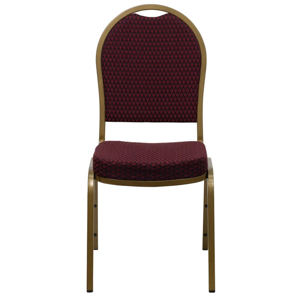 English Elm HERCULES Elegant Dome Back Stacking Banquet Chair for Events - Durable & Comfortable Seating Solution Burgundy Patterned Fabric/Gold Frame FD-C03-ALLGOLD-EFE1679-GG