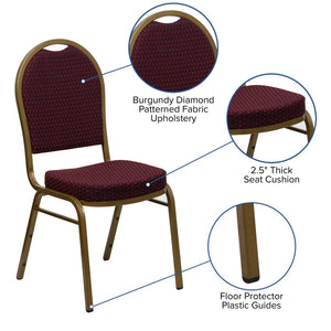 English Elm HERCULES Elegant Dome Back Stacking Banquet Chair for Events - Durable & Comfortable Seating Solution Burgundy Patterned Fabric/Gold Frame FD-C03-ALLGOLD-EFE1679-GG