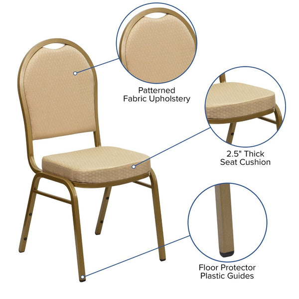 English Elm HERCULES Elegant Dome Back Stacking Banquet Chair for Events - Durable & Comfortable Seating Solution Beige Patterned Fabric/Gold Frame FD-C03-ALLGOLD-H20124E-GG