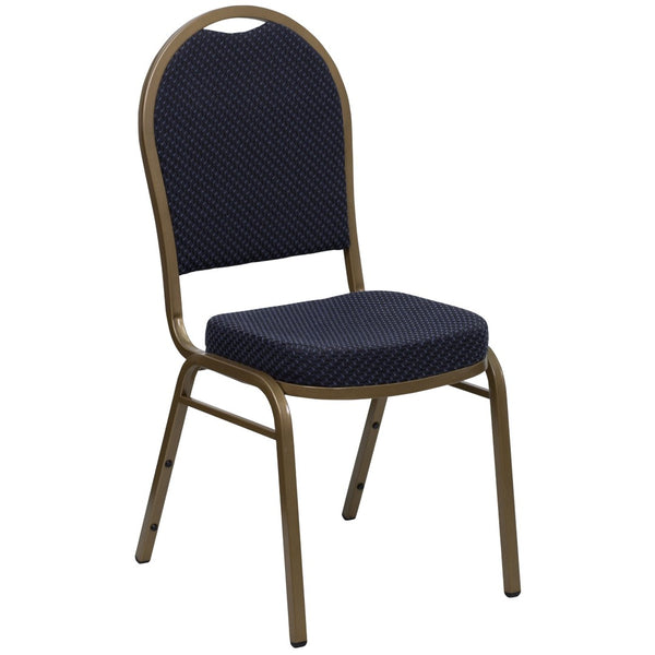 English Elm HERCULES Elegant Dome Back Stacking Banquet Chair for Events - Durable & Comfortable Seating Solution Navy Patterned Fabric/Gold Frame FD-C03-ALLGOLD-H203774-GG