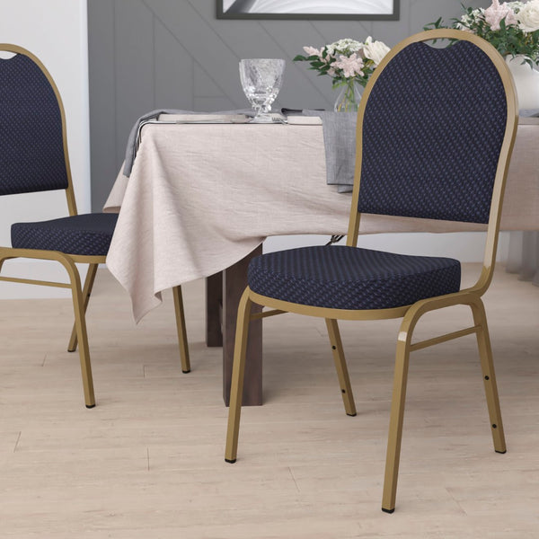 English Elm HERCULES Elegant Dome Back Stacking Banquet Chair for Events - Durable & Comfortable Seating Solution Navy Patterned Fabric/Gold Frame FD-C03-ALLGOLD-H203774-GG