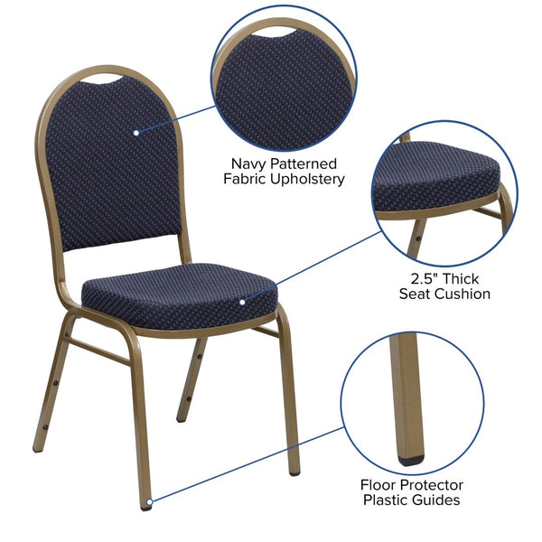 English Elm HERCULES Elegant Dome Back Stacking Banquet Chair for Events - Durable & Comfortable Seating Solution Navy Patterned Fabric/Gold Frame FD-C03-ALLGOLD-H203774-GG