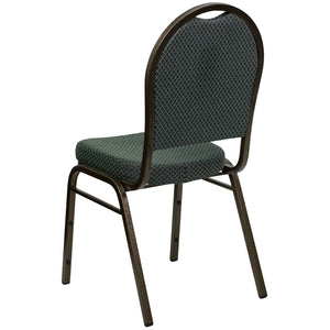 English Elm HERCULES Elegant Dome Back Stacking Banquet Chair for Events - Durable & Comfortable Seating Solution Green Patterned Fabric/Gold Vein Frame FD-C03-GOLDVEIN-4003-GG