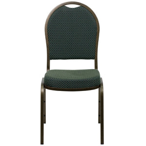 English Elm HERCULES Elegant Dome Back Stacking Banquet Chair for Events - Durable & Comfortable Seating Solution Green Patterned Fabric/Gold Vein Frame FD-C03-GOLDVEIN-4003-GG