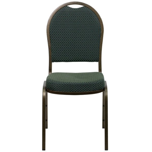 English Elm HERCULES Elegant Dome Back Stacking Banquet Chair for Events - Durable & Comfortable Seating Solution Green Patterned Fabric/Gold Vein Frame FD-C03-GOLDVEIN-4003-GG