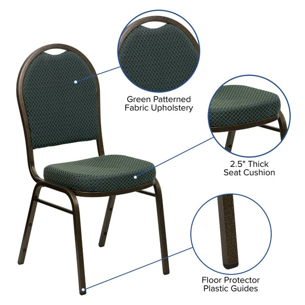 English Elm HERCULES Elegant Dome Back Stacking Banquet Chair for Events - Durable & Comfortable Seating Solution Green Patterned Fabric/Gold Vein Frame FD-C03-GOLDVEIN-4003-GG