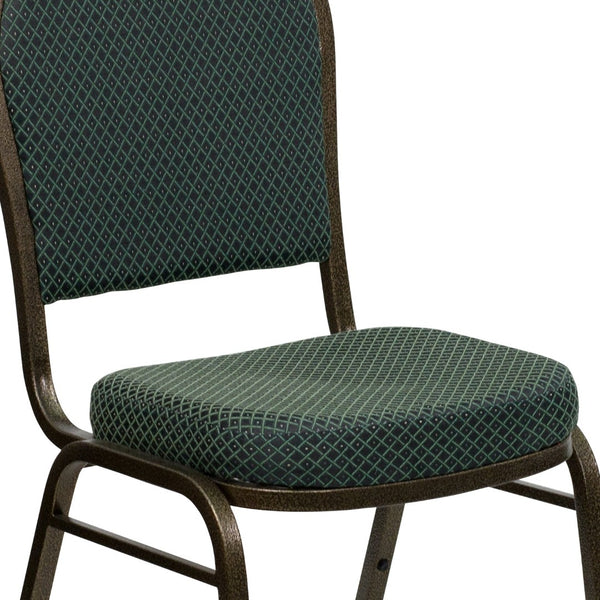 English Elm HERCULES Elegant Dome Back Stacking Banquet Chair for Events - Durable & Comfortable Seating Solution Green Patterned Fabric/Gold Vein Frame FD-C03-GOLDVEIN-4003-GG