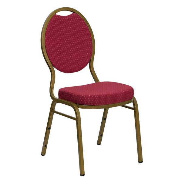 English Elm HERCULES Teardrop Back Stacking Banquet Chair - Elegant Gold Frame for Weddings & Events, Durable Comfort Burgundy Patterned Fabric/Gold Frame FD-C04-ALLGOLD-2804-GG