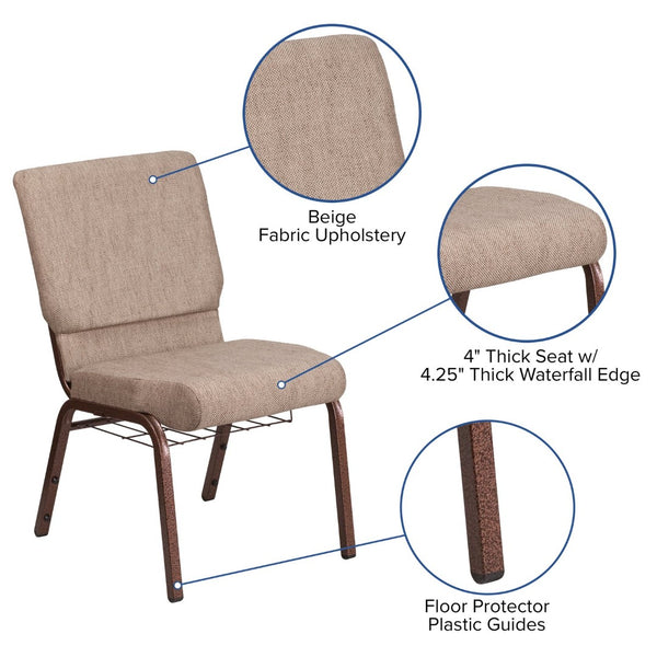 English Elm HERCULES 18.5''W Church Chair with Book Rack - Comfortable Seating for Worship & Events, Durable Design Beige Fabric/Copper Vein Frame FD-CH02185-CV-BGE1-BAS-GG
