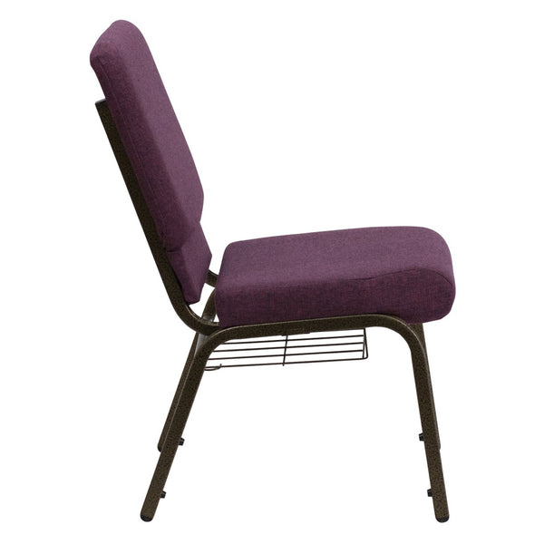 English Elm HERCULES 18.5''W Church Chair with Book Rack - Comfortable Seating for Worship & Events, Durable Design Plum Fabric/Gold Vein Frame FD-CH02185-GV-005-BAS-GG