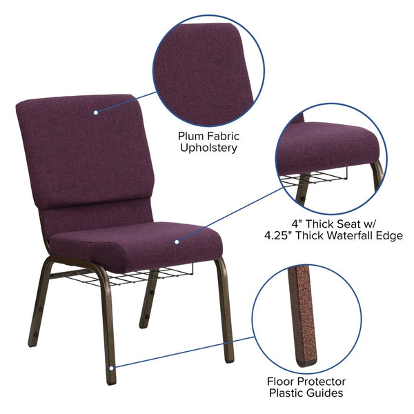 English Elm HERCULES 18.5''W Church Chair with Book Rack - Comfortable Seating for Worship & Events, Durable Design Plum Fabric/Gold Vein Frame FD-CH02185-GV-005-BAS-GG