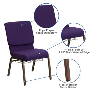 English Elm HERCULES 18.5''W Church Chair with Book Rack - Comfortable Seating for Worship & Events, Durable Design Royal Purple Fabric/Gold Vein Frame FD-CH02185-GV-ROY-BAS-GG