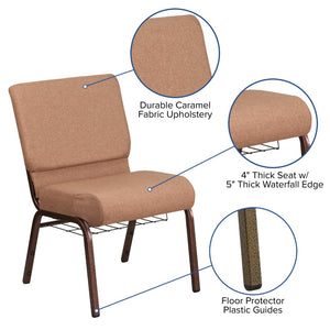 English Elm HERCULES 21''W Padded Church Chair with Book Rack - Comfortable, Durable & Stylish Seating Solution Caramel Fabric/Copper Vein Frame FD-CH0221-4-CV-BN-BAS-GG