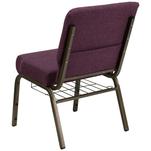 English Elm HERCULES 21''W Padded Church Chair with Book Rack - Comfortable, Durable & Stylish Seating Solution Plum Fabric/Gold Vein Frame FD-CH0221-4-GV-005-BAS-GG