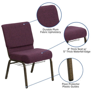 English Elm HERCULES 21''W Padded Church Chair with Book Rack - Comfortable, Durable & Stylish Seating Solution Plum Fabric/Gold Vein Frame FD-CH0221-4-GV-005-BAS-GG