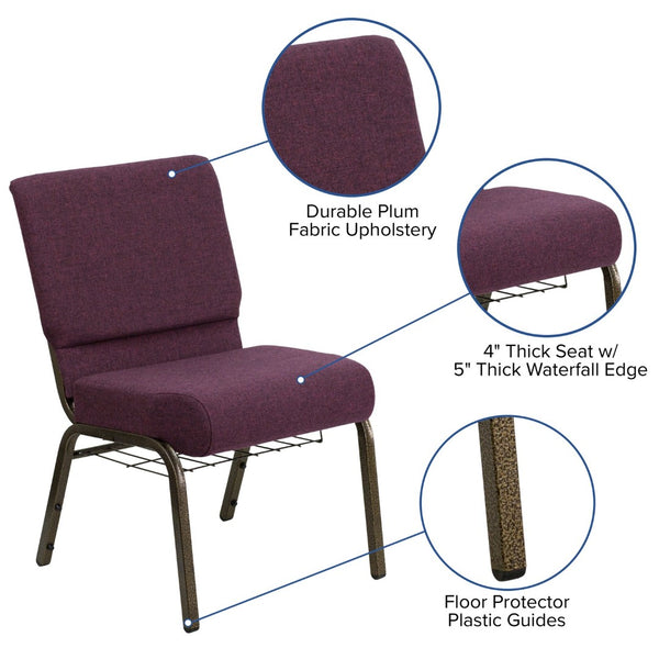 English Elm HERCULES 21''W Padded Church Chair with Book Rack - Comfortable, Durable & Stylish Seating Solution Plum Fabric/Gold Vein Frame FD-CH0221-4-GV-005-BAS-GG