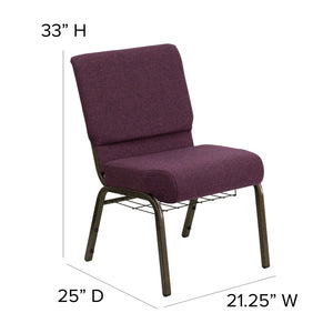 English Elm HERCULES 21''W Padded Church Chair with Book Rack - Comfortable, Durable & Stylish Seating Solution Plum Fabric/Gold Vein Frame FD-CH0221-4-GV-005-BAS-GG
