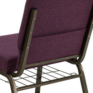 English Elm HERCULES 21''W Padded Church Chair with Book Rack - Comfortable, Durable & Stylish Seating Solution Plum Fabric/Gold Vein Frame FD-CH0221-4-GV-005-BAS-GG