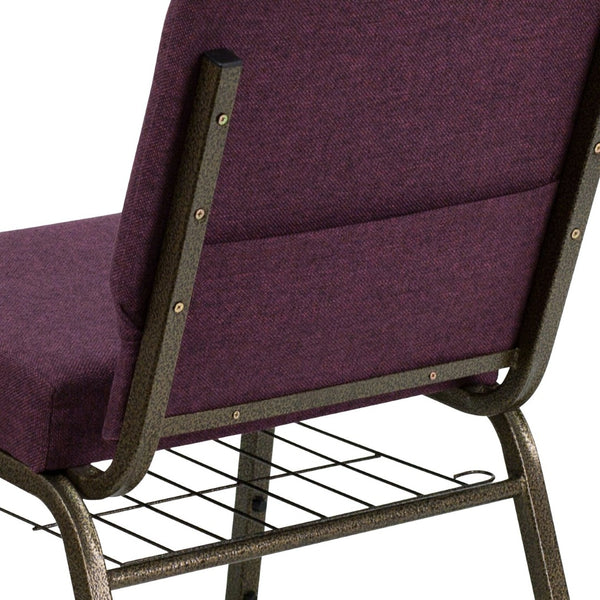 English Elm HERCULES 21''W Padded Church Chair with Book Rack - Comfortable, Durable & Stylish Seating Solution Plum Fabric/Gold Vein Frame FD-CH0221-4-GV-005-BAS-GG