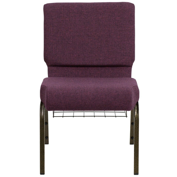English Elm HERCULES 21''W Padded Church Chair with Book Rack - Comfortable, Durable & Stylish Seating Solution Plum Fabric/Gold Vein Frame FD-CH0221-4-GV-005-BAS-GG