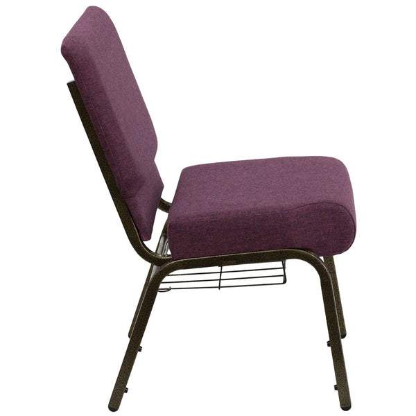 English Elm HERCULES 21''W Padded Church Chair with Book Rack - Comfortable, Durable & Stylish Seating Solution Plum Fabric/Gold Vein Frame FD-CH0221-4-GV-005-BAS-GG