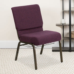English Elm HERCULES 21''W Padded Church Chair with Book Rack - Comfortable, Durable & Stylish Seating Solution Plum Fabric/Gold Vein Frame FD-CH0221-4-GV-005-BAS-GG