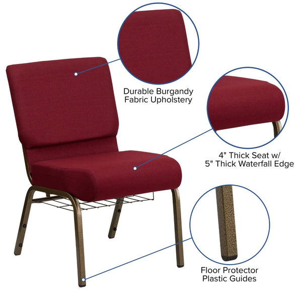 English Elm HERCULES 21''W Padded Church Chair with Book Rack - Comfortable, Durable & Stylish Seating Solution Burgundy Fabric/Gold Vein Frame FD-CH0221-4-GV-3169-BAS-GG