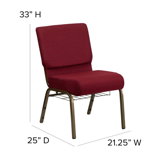 English Elm HERCULES 21''W Padded Church Chair with Book Rack - Comfortable, Durable & Stylish Seating Solution Burgundy Fabric/Gold Vein Frame FD-CH0221-4-GV-3169-BAS-GG