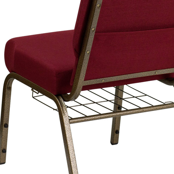 English Elm HERCULES 21''W Padded Church Chair with Book Rack - Comfortable, Durable & Stylish Seating Solution Burgundy Fabric/Gold Vein Frame FD-CH0221-4-GV-3169-BAS-GG