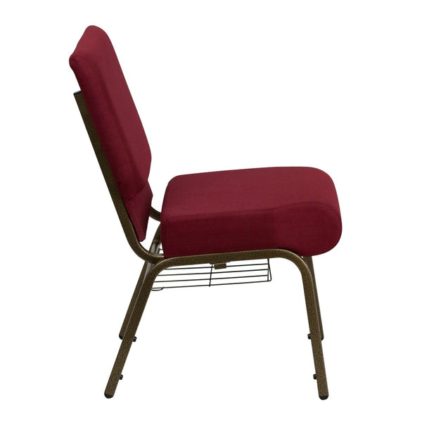 English Elm HERCULES 21''W Padded Church Chair with Book Rack - Comfortable, Durable & Stylish Seating Solution Burgundy Fabric/Gold Vein Frame FD-CH0221-4-GV-3169-BAS-GG