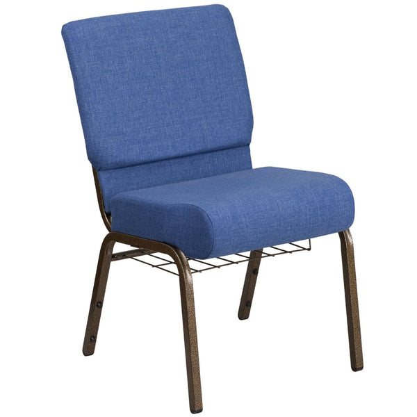 English Elm HERCULES 21''W Padded Church Chair with Book Rack - Comfortable, Durable & Stylish Seating Solution Blue Fabric/Gold Vein Frame FD-CH0221-4-GV-BLUE-BAS-GG