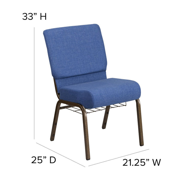 English Elm HERCULES 21''W Padded Church Chair with Book Rack - Comfortable, Durable & Stylish Seating Solution Blue Fabric/Gold Vein Frame FD-CH0221-4-GV-BLUE-BAS-GG