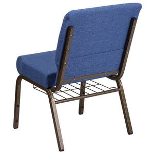 English Elm HERCULES 21''W Padded Church Chair with Book Rack - Comfortable, Durable & Stylish Seating Solution Blue Fabric/Gold Vein Frame FD-CH0221-4-GV-BLUE-BAS-GG