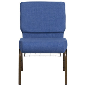 English Elm HERCULES 21''W Padded Church Chair with Book Rack - Comfortable, Durable & Stylish Seating Solution Blue Fabric/Gold Vein Frame FD-CH0221-4-GV-BLUE-BAS-GG