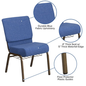 English Elm HERCULES 21''W Padded Church Chair with Book Rack - Comfortable, Durable & Stylish Seating Solution Blue Fabric/Gold Vein Frame FD-CH0221-4-GV-BLUE-BAS-GG