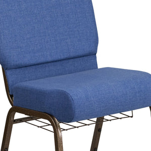 English Elm HERCULES 21''W Padded Church Chair with Book Rack - Comfortable, Durable & Stylish Seating Solution Blue Fabric/Gold Vein Frame FD-CH0221-4-GV-BLUE-BAS-GG
